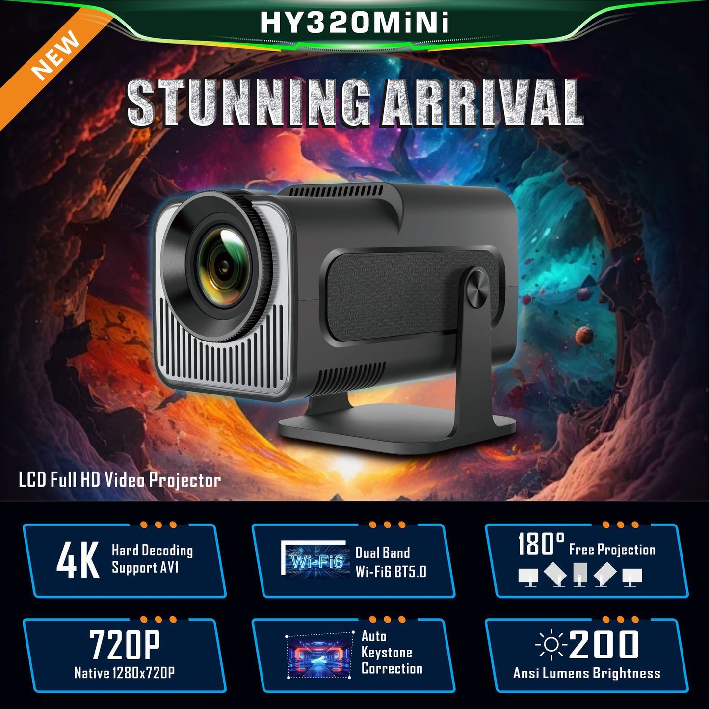 HY320 - Portable Smart Projector (Native 720P) with Wifi